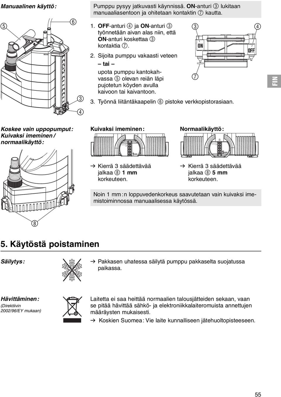 Sijoita pumppu vakaasti veteen tai upota pumppu kantokahvassa 5 olevan reiän läpi 7 pujotetun köyden avulla kaivoon tai kaivantoon. 3. Työnnä liitäntäkaapelin 6 pistoke verkkopistorasiaan.