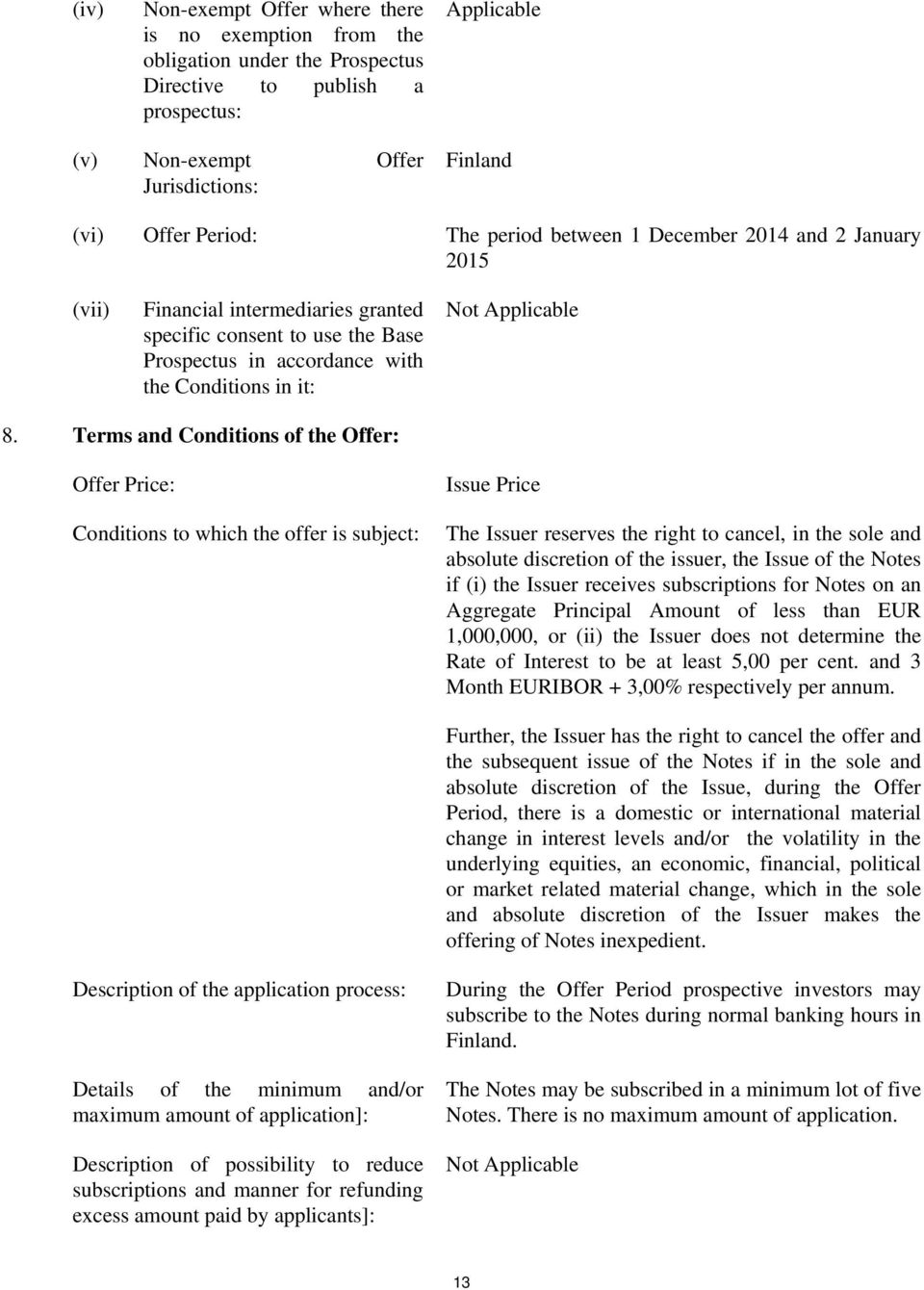 Terms and Conditions of the Offer: Offer Price: Conditions to which the offer is subject: Issue Price The Issuer reserves the right to cancel, in the sole and absolute discretion of the issuer, the