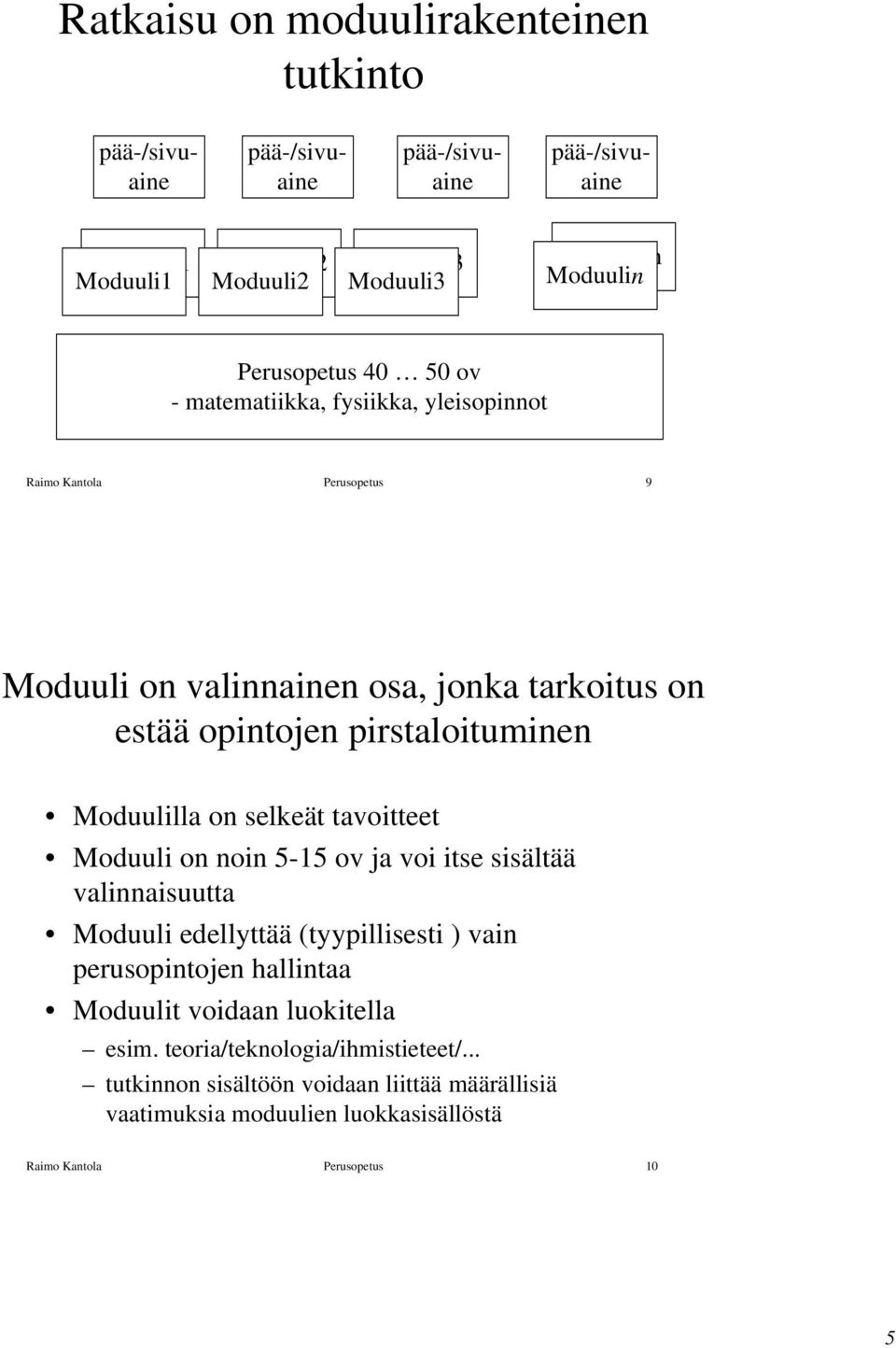 Moduulilla on selkeät tavoitteet Moduuli on noin 5-15 ov ja voi itse sisältää valinnaisuutta Moduuli edellyttää (tyypillisesti ) vain perusopintojen hallintaa Moduulit