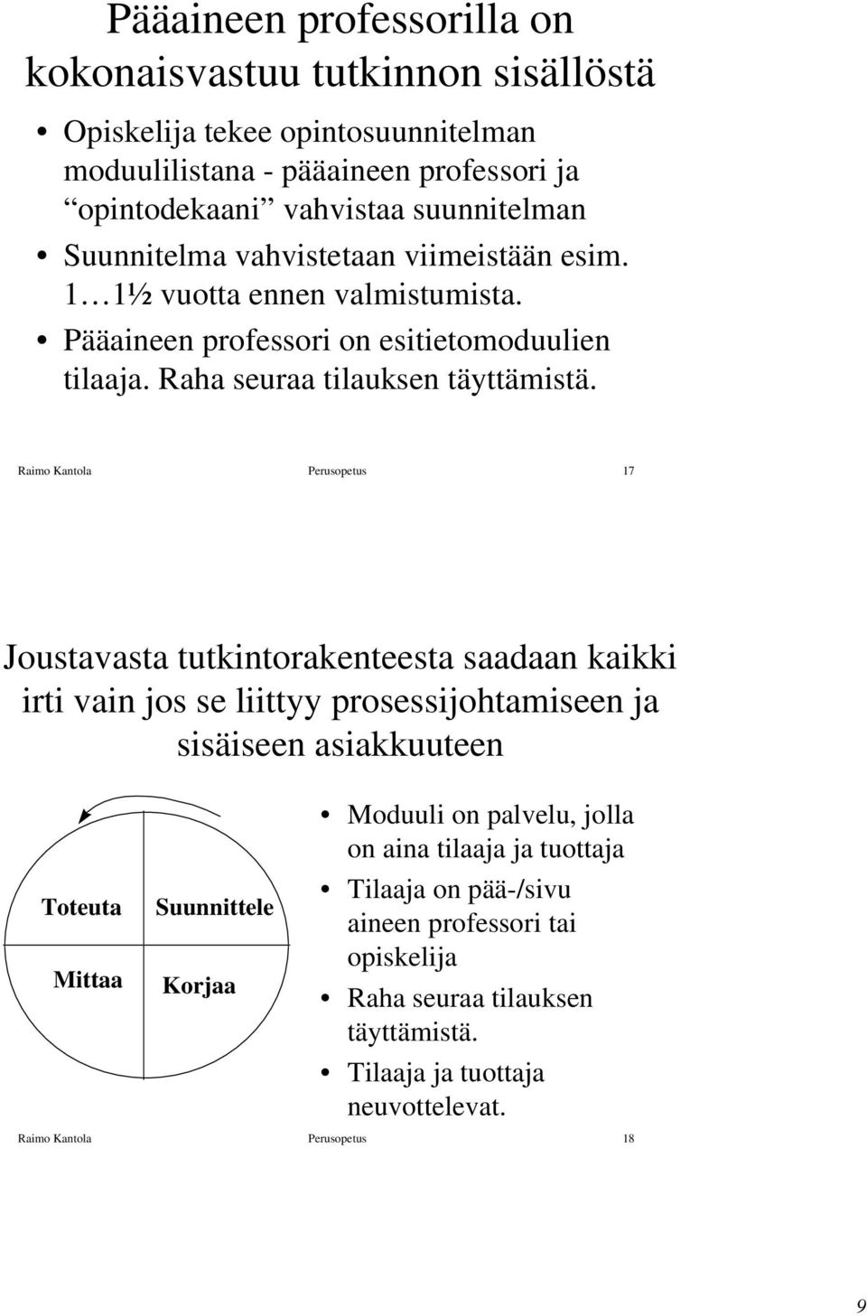 Raimo Kantola Perusopetus 17 Joustavasta tutkintorakenteesta saadaan kaikki irti vain jos se liittyy prosessijohtamiseen ja sisäiseen asiakkuuteen Toteuta Mittaa Suunnittele Korjaa