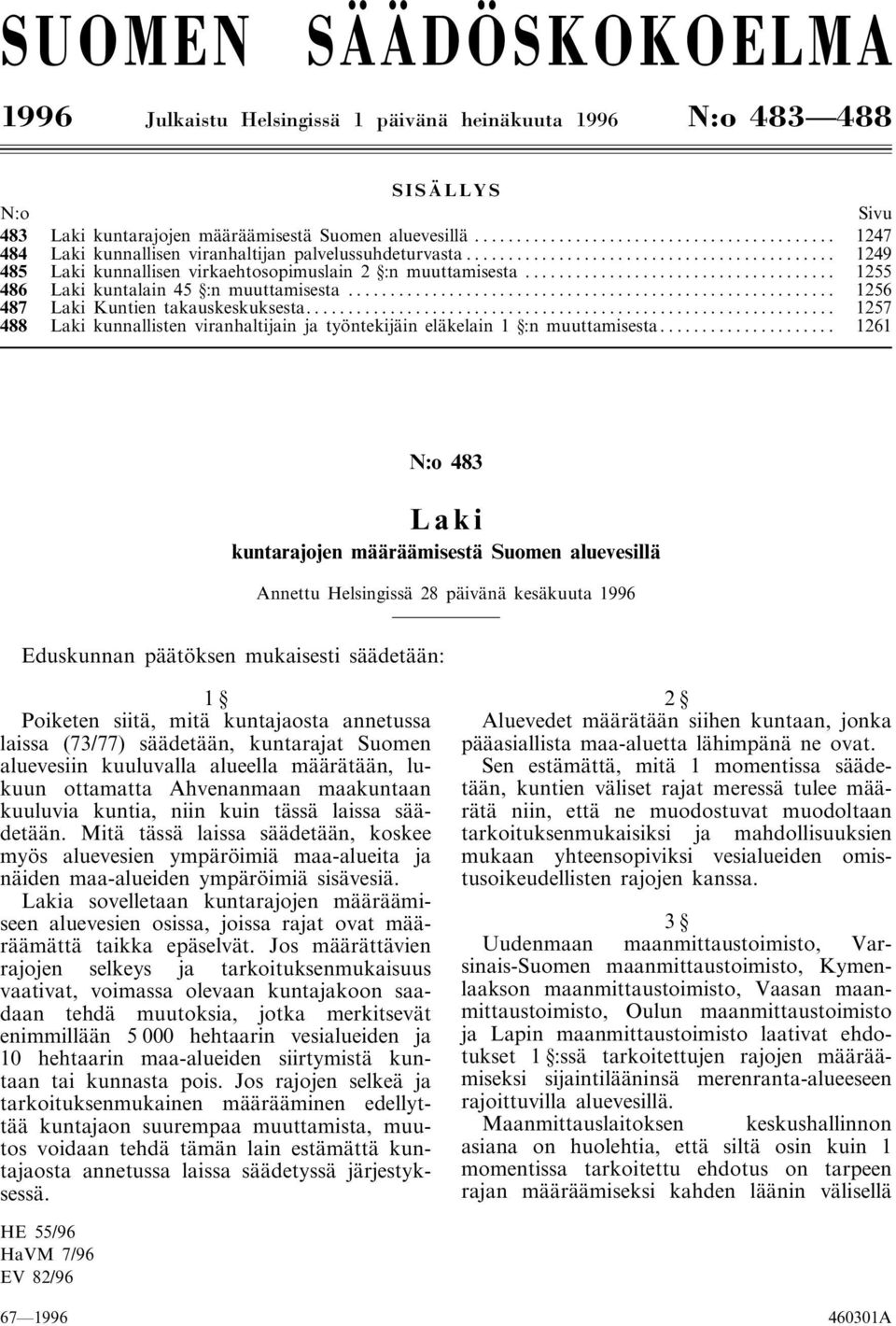 .. 1256 487 Laki Kuntien takauskeskuksesta... 1257 488 Laki kunnallisten viranhaltijain ja työntekijäin eläkelain 1 :n muuttamisesta.