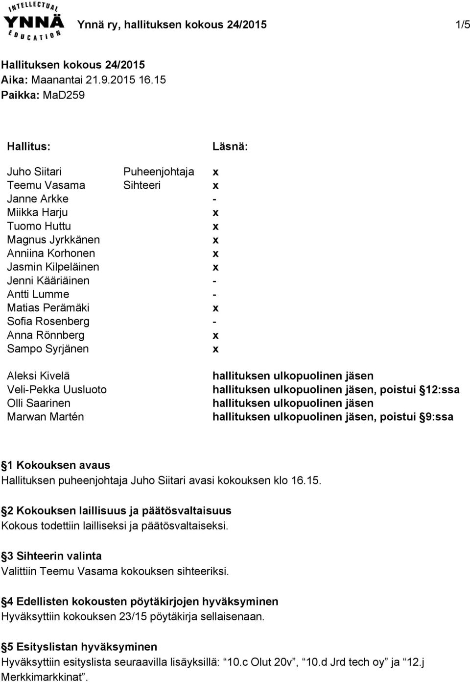 Rosenberg Anna Rönnberg Sampo Syrjänen Aleksi Kivelä VeliPekka Uusluoto Olli Saarinen Marwan Martén Puheenjohtaja Sihteeri Läsnä: hallituksen ulkopuolinen jäsen hallituksen ulkopuolinen jäsen,