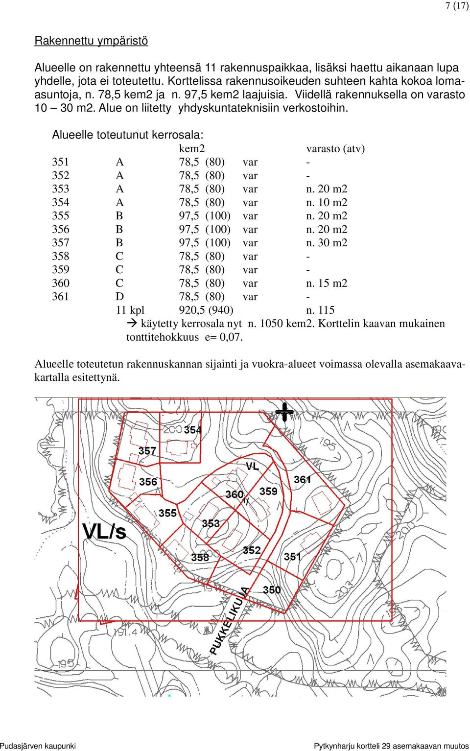 Alueelle toteutunut kerrosala: kem2 varasto (atv) 351 A 78,5 (80) var - 352 A 78,5 (80) var - 353 A 78,5 (80) var n. 20 m2 354 A 78,5 (80) var n. 10 m2 355 B 97,5 (100) var n.