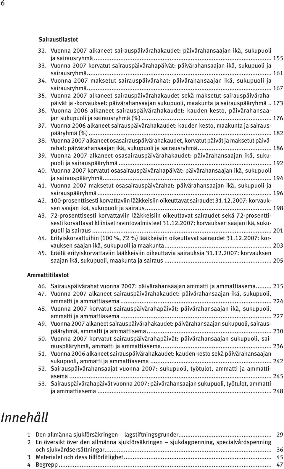 Vuonna 2007 alkaneet sairauspäivärahakaudet sekä maksetut sairauspäivärahapäivät ja -korvaukset: päivärahansaajan sukupuoli, maakunta ja sairauspääryhmä... 173 36.