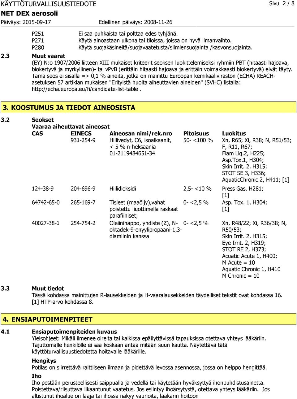 3 Muut vaarat (EY) N:o 1907/2006 liitteen XIII mukaiset kriteerit seoksen luokittelemiseksi ryhmiin PBT (hitaasti hajoava, biokertyvä ja myrkyllinen)- tai vpvb (erittäin hitaasti hajoava ja erittäin