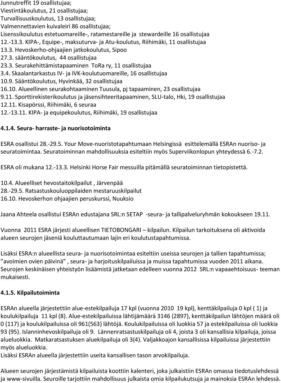 3. Seurakehittämistapaaminen ToRa ry, 11 osallistujaa 3.4. Skaalantarkastus IV- ja IVK-koulutuomareille, 16 osallistujaa 10.9. Sääntökoulutus, Hyvinkää, 32 osallistujaa 16.10. Alueellinen seurakohtaaminen Tuusula, pj tapaaminen, 23 osallistujaa 9.