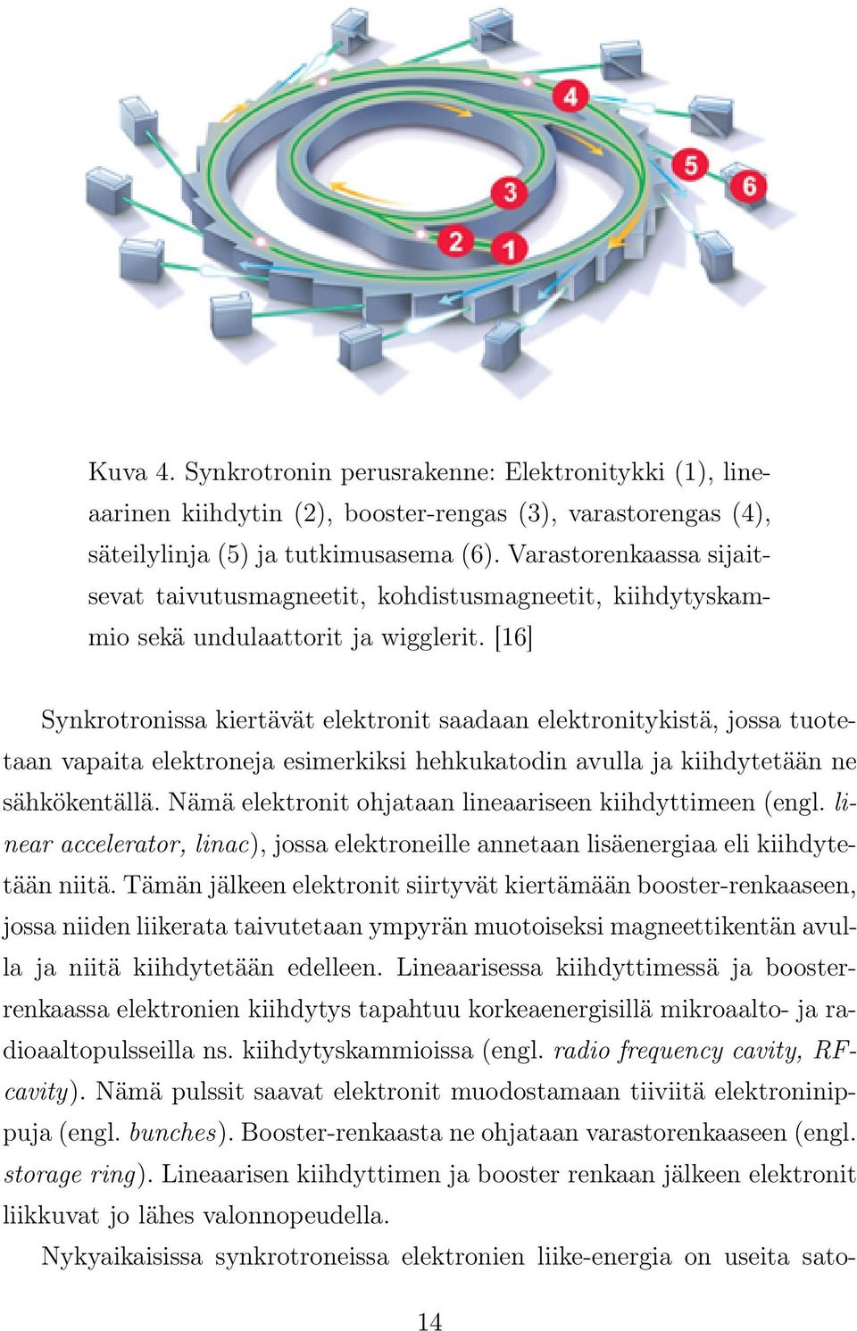 [16] Synkrotronissa kiertävät elektronit saadaan elektronitykistä, jossa tuotetaan vapaita elektroneja esimerkiksi hehkukatodin avulla ja kiihdytetään ne sähkökentällä.