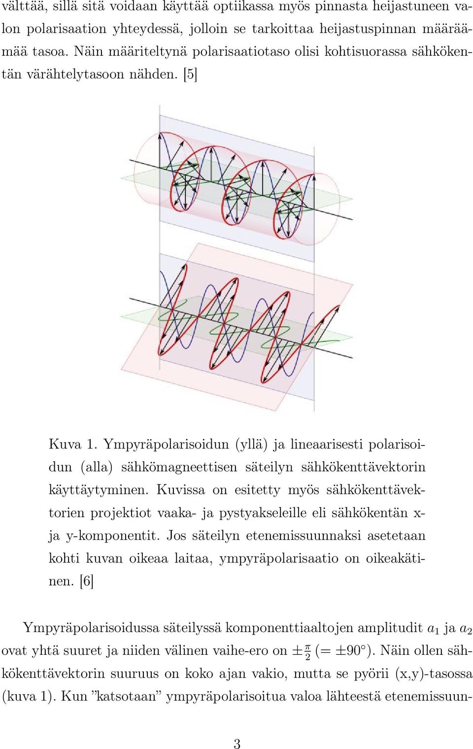 Ympyräpolarisoidun (yllä) ja lineaarisesti polarisoidun (alla) sähkömagneettisen säteilyn sähkökenttävektorin käyttäytyminen.