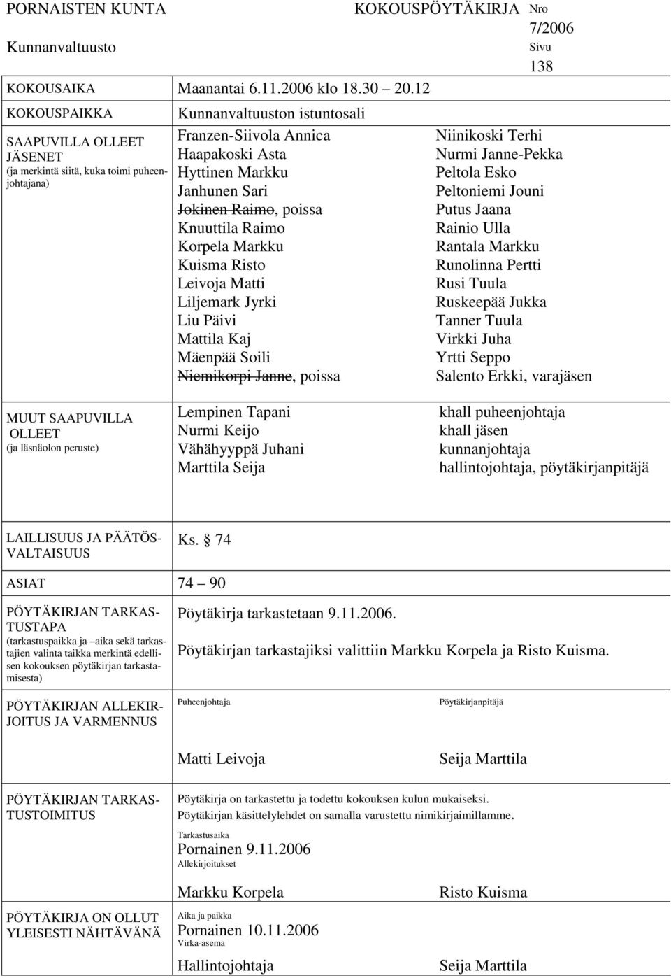 Raimo, poissa Knuuttila Raimo Korpela Markku Kuisma Risto Leivoja Matti Liljemark Jyrki Liu Päivi Mattila Kaj Mäenpää Soili Niemikorpi Janne, poissa KOKOUSPÖYTÄKIRJA Nro 7/2006 Sivu 138 Niinikoski