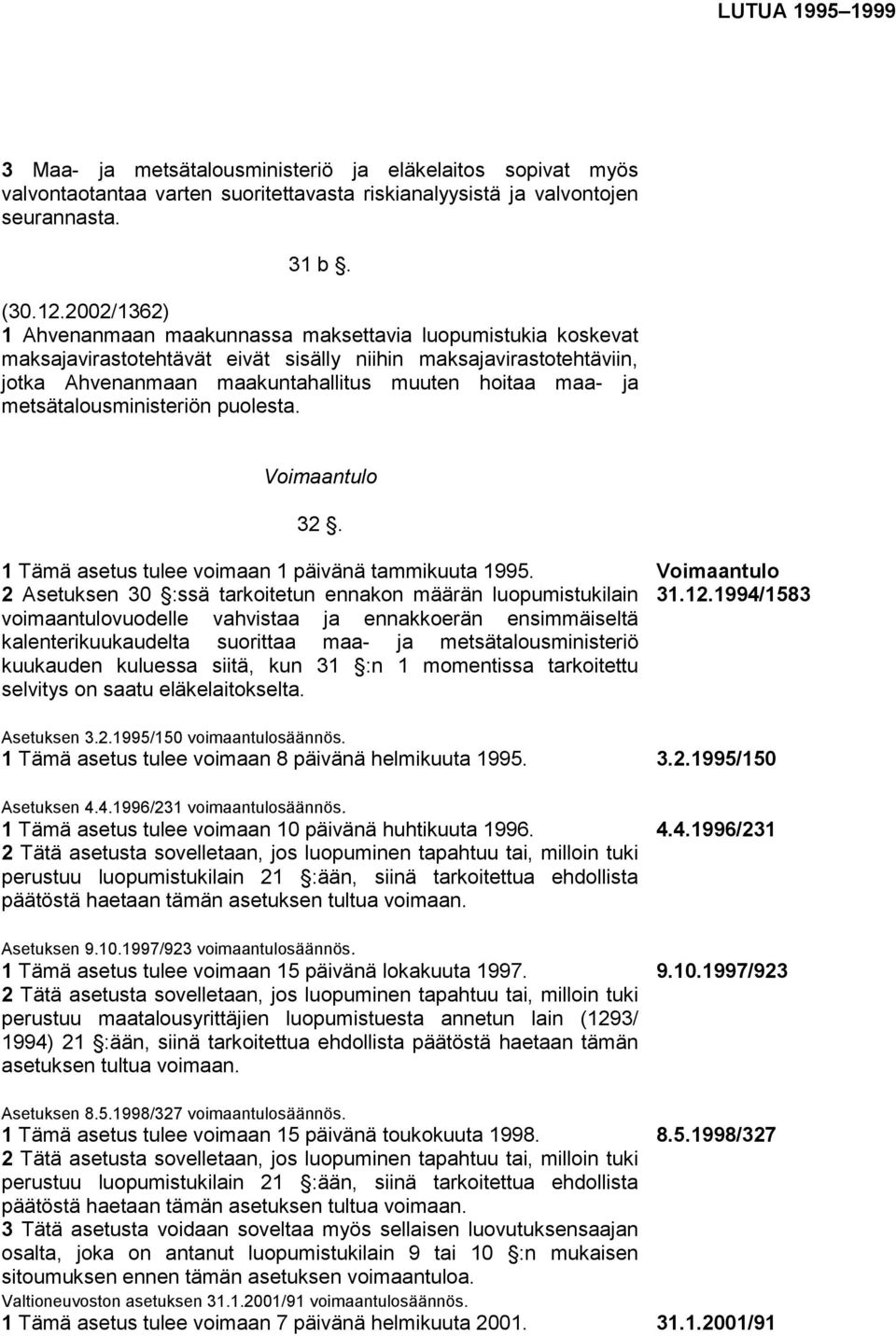 metsätalousministeriön puolesta. Voimaantulo 32. 1 Tämä asetus tulee voimaan 1 päivänä tammikuuta 1995. Voimaantulo 2 Asetuksen 30 :ssä tarkoitetun ennakon määrän luopumistukilain 31.12.