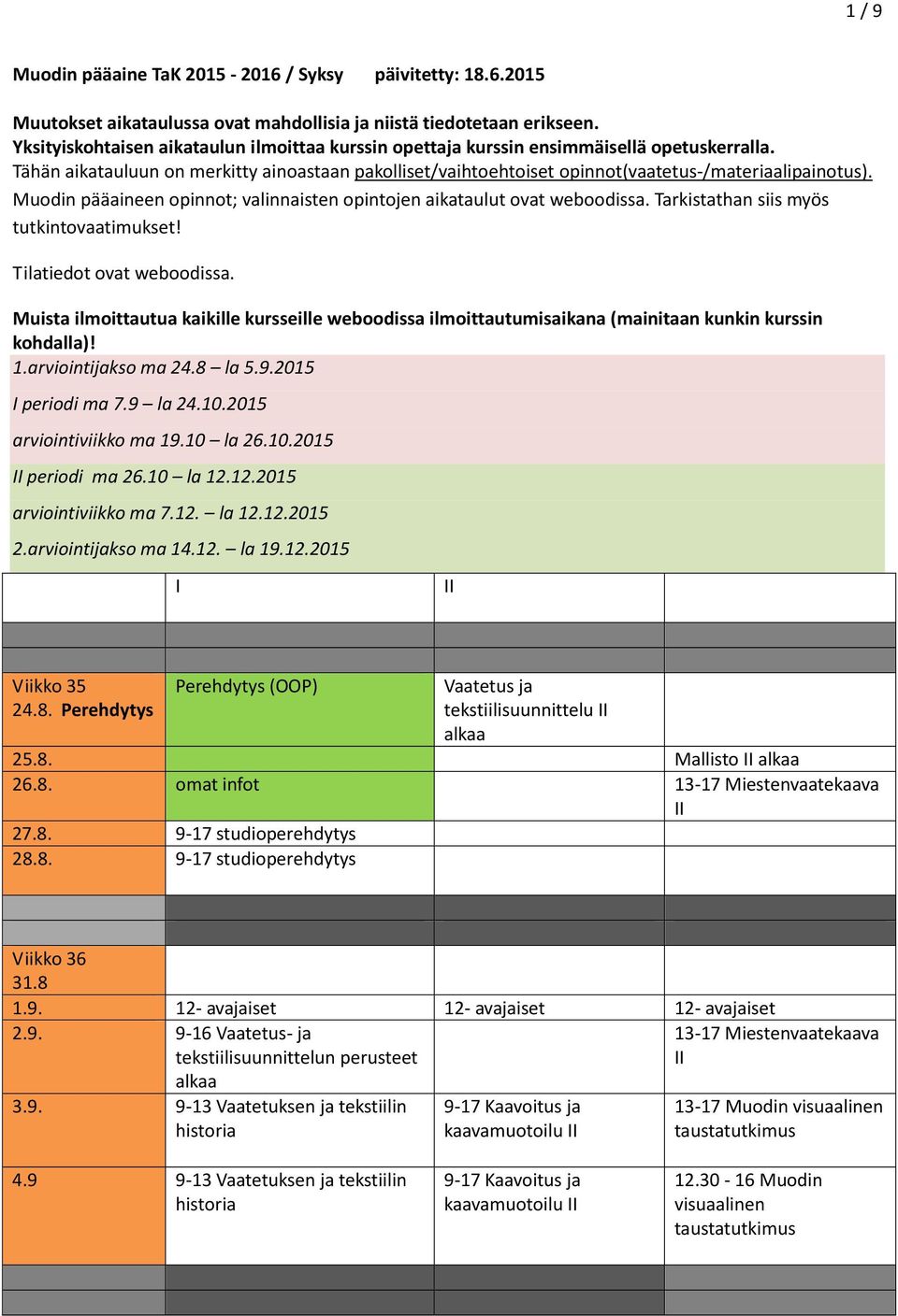 Muodin pääaineen opinnot; valinnaisten opintojen aikataulut ovat weboodissa. Tarkistathan siis myös tutkintovaatimukset! Tilatiedot ovat weboodissa.