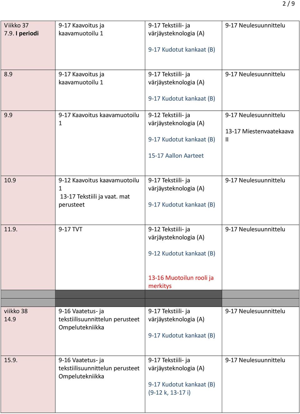 9 9-12 Kaavoitus kaavamuotoilu 1 13-17 Tekstiili ja vaat. mat 11.9. 9-17 TVT 9-12 Kudotut kankaat (B) viikko 38 14.