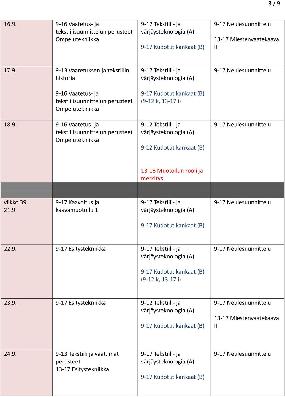 21.9 22.9. 9-17 Esitystekniikka (9-12 k, 13-17 i) 23.9. 9-17 Esitystekniikka 24.