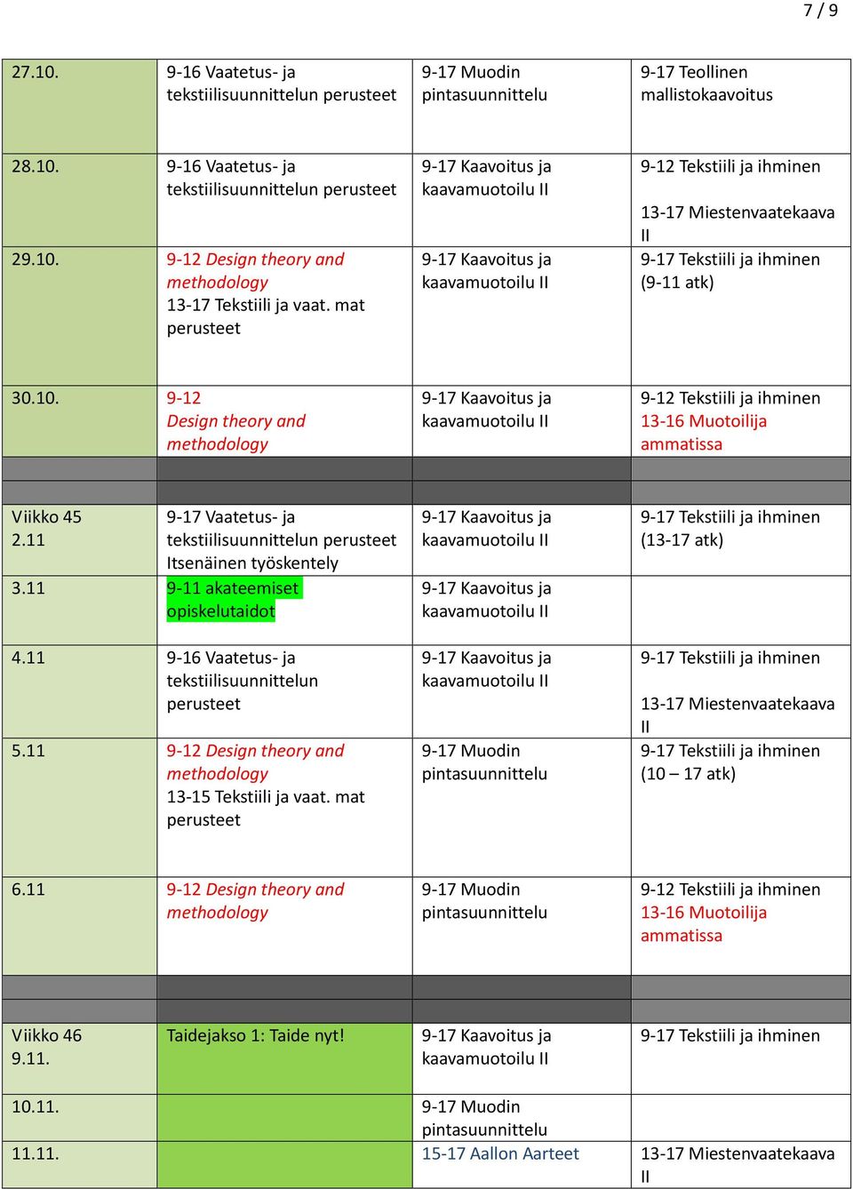 11 9-17 Vaatetus- ja Itsenäinen työskentely 3.11 9-11 akateemiset opiskelutaidot 4.11 9-16 Vaatetus- ja tekstiilisuunnittelun a9 5.