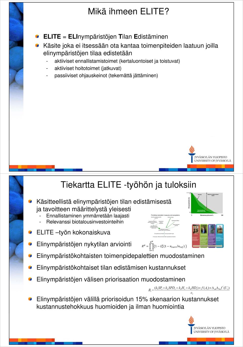 toistuvat) - aktiiviset hoitotoimet (jatkuvat) - passiiviset ohjauskeinot (tekemättä jättäminen) Tiekartta ELITE -työhön ja tuloksiin Käsitteellistä elinympäristöjen tilan edistämisestä ja tavoitteen