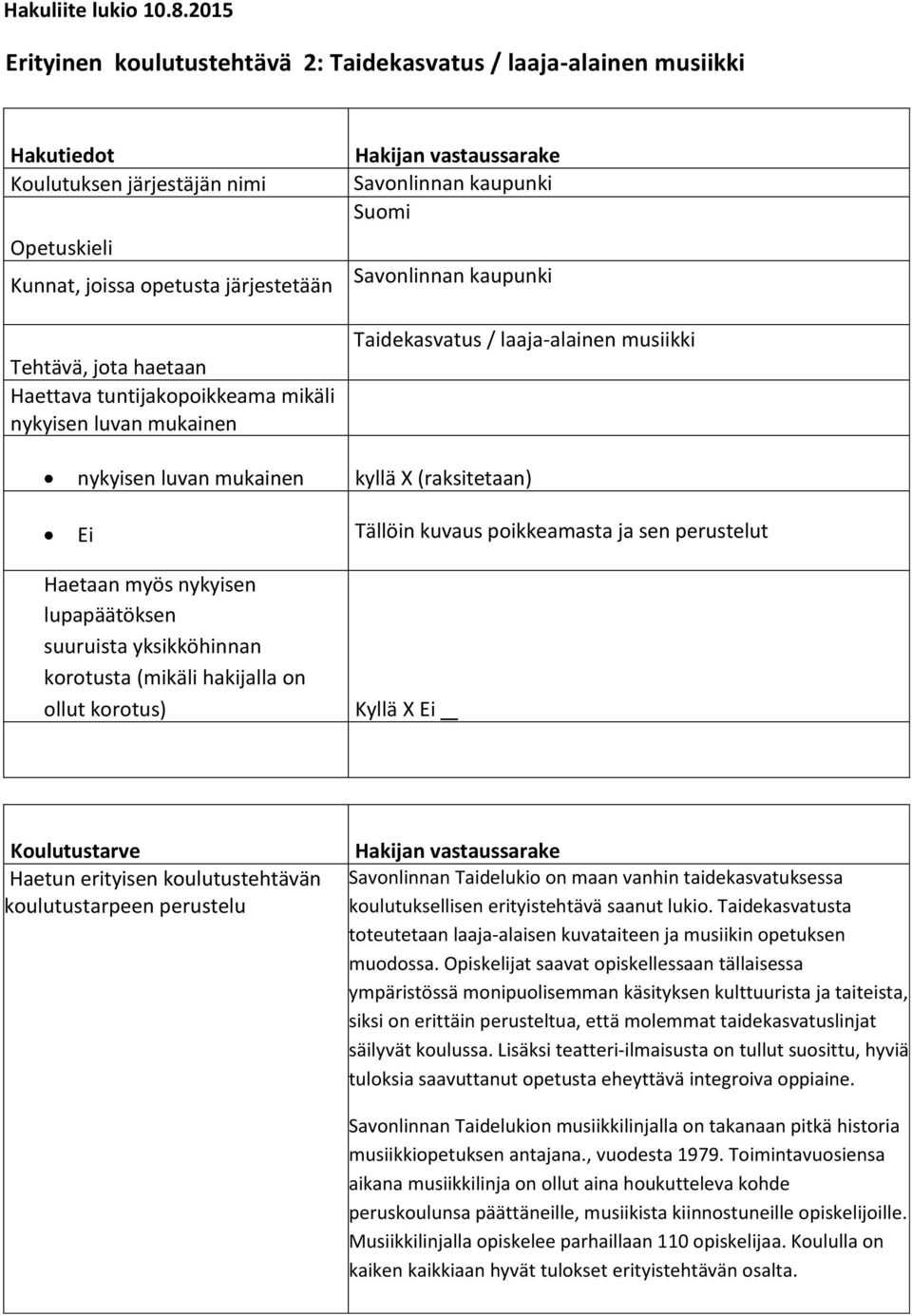 tuntijakopoikkeama mikäli nykyisen luvan mukainen Hakijan vastaussarake Savonlinnan kaupunki Suomi Savonlinnan kaupunki Taidekasvatus / laaja-alainen musiikki nykyisen luvan mukainen kyllä X