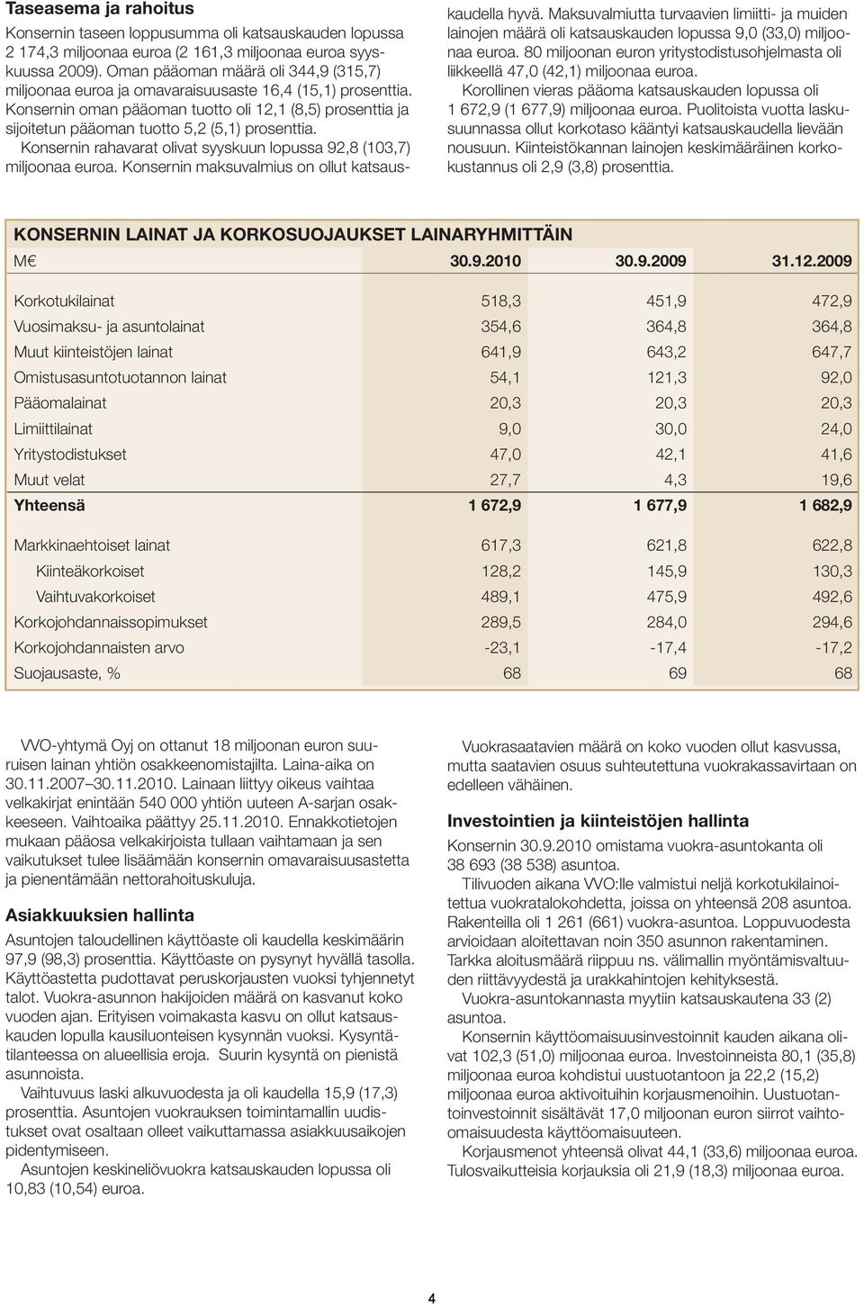 Konsernin oman pääoman tuotto oli 12,1 (8,5) prosenttia ja sijoitetun pääoman tuotto 5,2 (5,1) prosenttia. Konsernin rahavarat olivat syyskuun lopussa 92,8 (103,7) miljoonaa euroa.