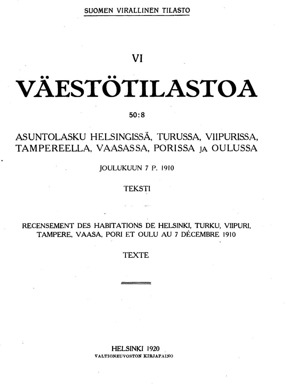 1910 TEKSTI RECENSEMENT DES HABITATIONS DE HELSINKI, TURKU, VIIPURI, TAMPERE,