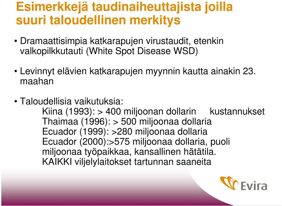 maahan Taloudellisia vaikutuksia: Kiina (1993): > 400 miljoonan dollarin kustannukset Thaimaa (1996): > 500 miljoonaa dollaria