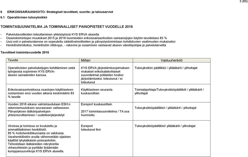 2016 huomioiden erikoissairaanhoidon sairaansijojen käytön tavoitetaso 83 % - Uusi esh:n palvelurakenne on sopeutettu säästövelvoitteiden ja päivystystoimintaan kohdistuvien vaatimusten mukaiseksi -