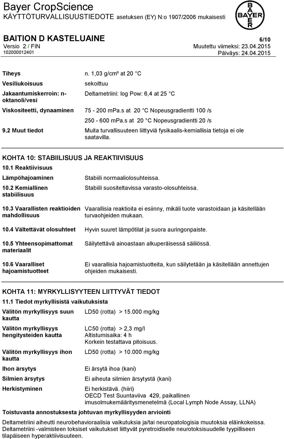 KOHTA 10: STABIILISUUS JA REAKTIIVISUUS 10.1 Reaktiivisuus Lämpöhajoaminen 10.2 Kemiallinen stabiilisuus Stabiili normaaliolosuhteissa. Stabiili suositeltavissa varasto-olosuhteissa. 10.3 Vaarallisten reaktioiden mahdollisuus Vaarallisia reaktioita ei esiinny, mikäli tuote varastoidaan ja käsitellään turvaohjeiden mukaan.