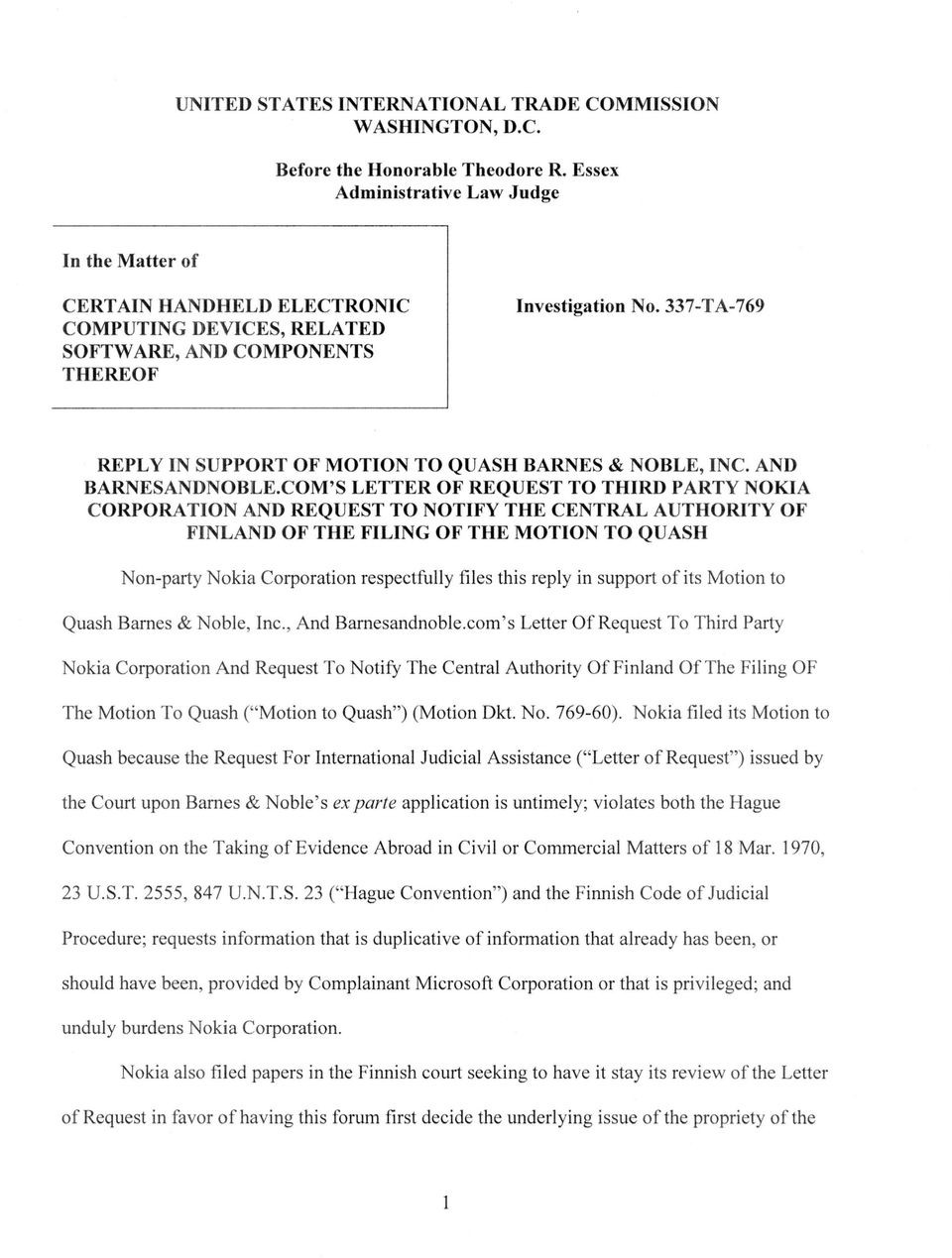 337-TA-769 REPLY IN SUPPORT OF MOTION TO QUASH BARNES & NOBLE, INC. AND BARNESANDNOBLE.