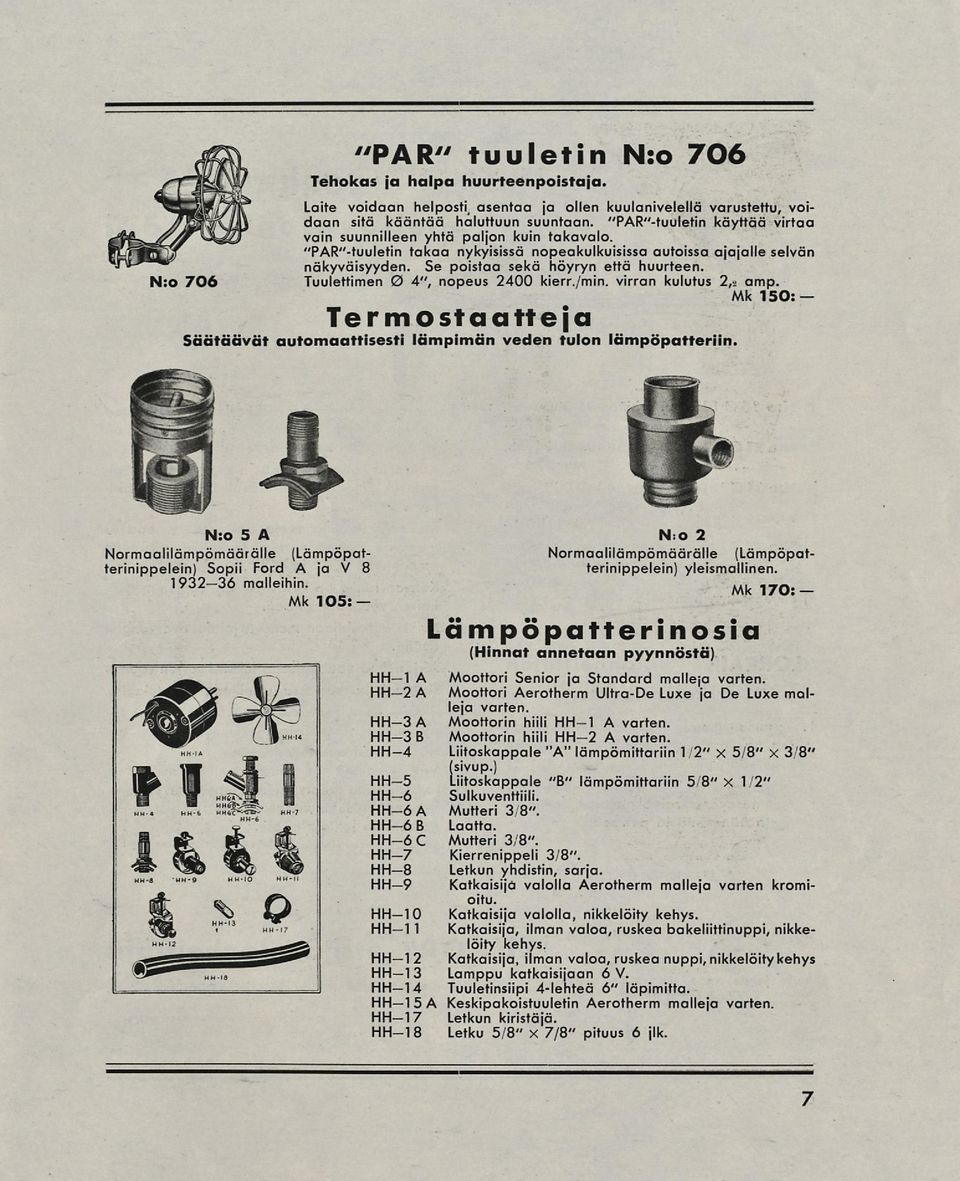 N:o 706 Tuulettimen 0 4", nopeus 2400 kierr./min. virran kulutus 2,2 amp.