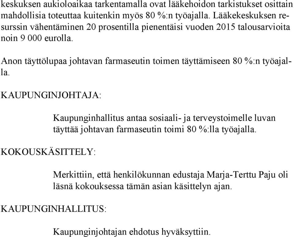 Anon täyttölupaa johtavan farmaseutin toimen täyttämiseen 80 %:n työ ajalla.