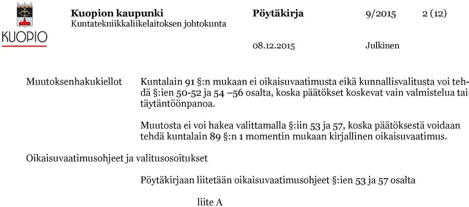 Oikaisuvaatimusohjeet ja valitusosoitukset Muutosta ei voi hakea valittamalla :iin 53 ja 57, koska päätöksestä voidaan tehdä