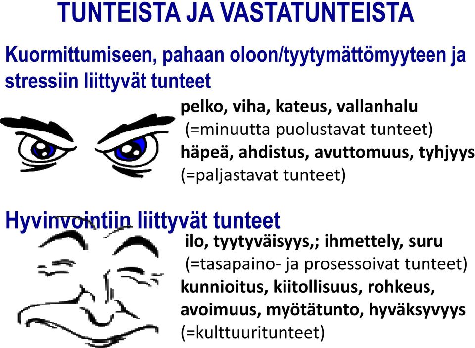 ahdistus, avuttomuus, tyhjyys (=paljastavat tunteet) ilo, tyytyväisyys,; ihmettely, suru (=tasapaino- ja