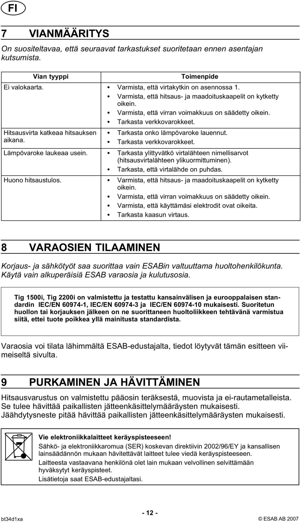 Hitsausvirta katkeaa hitsauksen Tarkasta onko lämpövaroke lauennut. aikana. Tarkasta verkkovarokkeet. Lämpövaroke laukeaa usein.