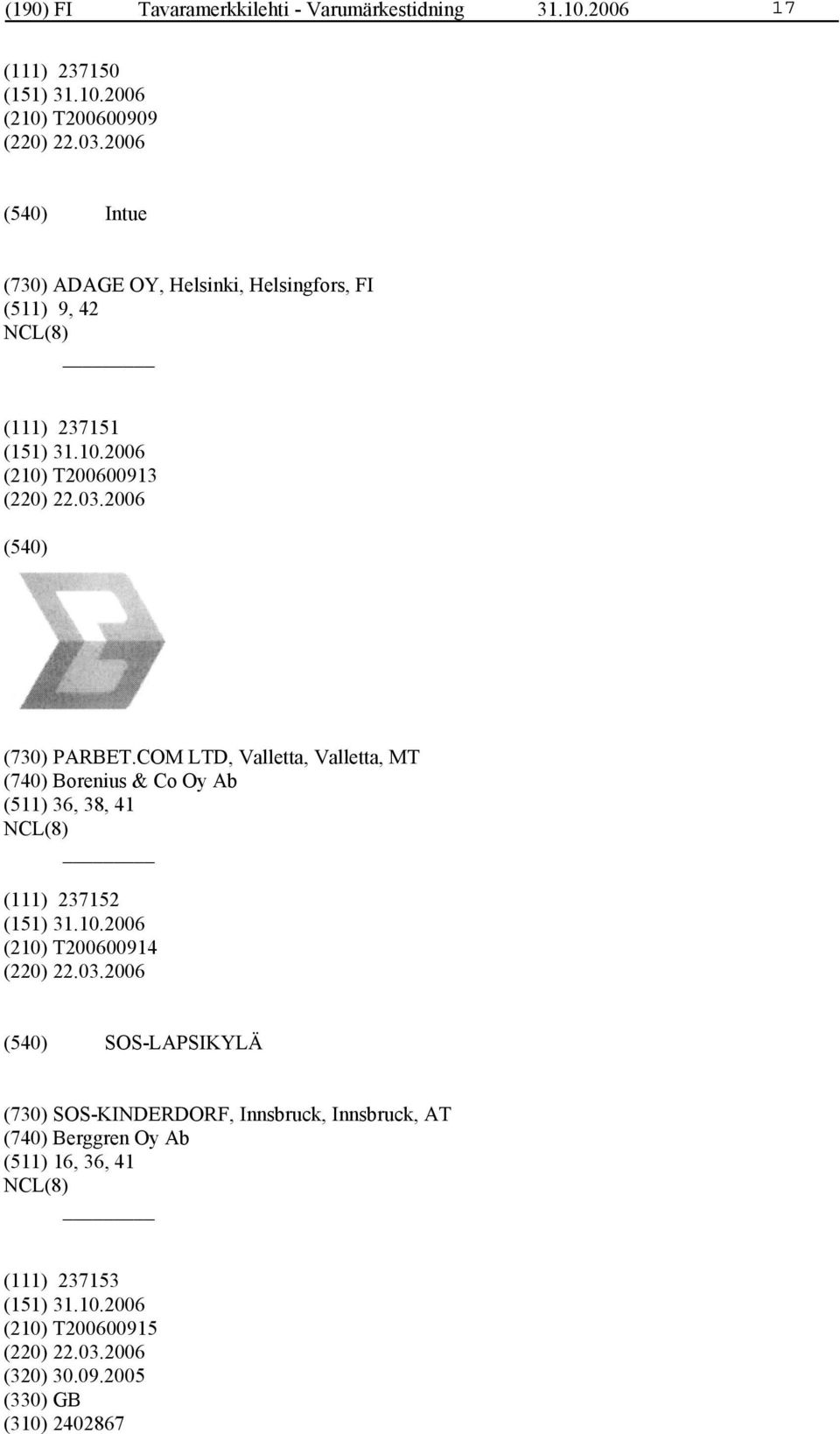 COM LTD, Valletta, Valletta, MT (740) Borenius & Co Oy Ab (511) 36, 38, 41 (111) 237152 (210) T200600914 (220) 22.03.