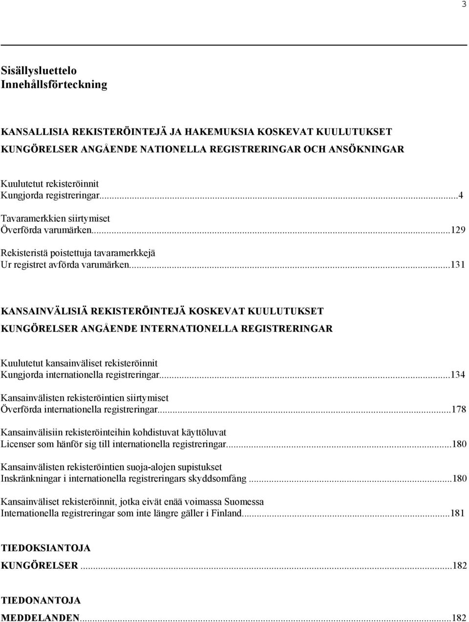 ..131 KANSAINVÄLISIÄ REKISTERÖINTEJÄ KOSKEVAT KUULUTUKSET KUNGÖRELSER ANGÅENDE INTERNATIONELLA REGISTRERINGAR Kuulutetut kansainväliset rekisteröinnit Kungjorda internationella registreringar.