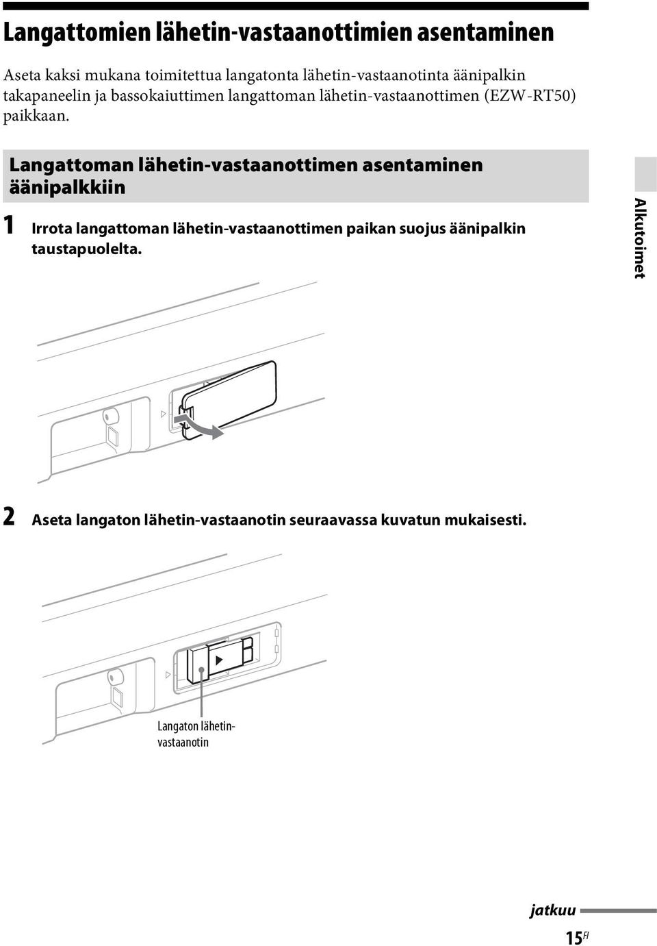 Langattoman lähetin-vastaanottimen asentaminen äänipalkkiin 1 Irrota langattoman lähetin-vastaanottimen paikan suojus