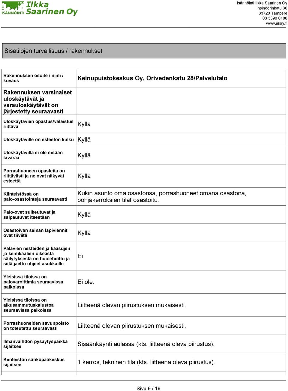 seuraavasti Uloskäytävien opastus/valaistus riittävä Uloskäytäville on esteetön kulku Uloskäytävillä ei ole mitään tavaraa Kyllä Kyllä Kyllä Porrashuoneen opasteita on riittävästi ja ne ovat näkyvät