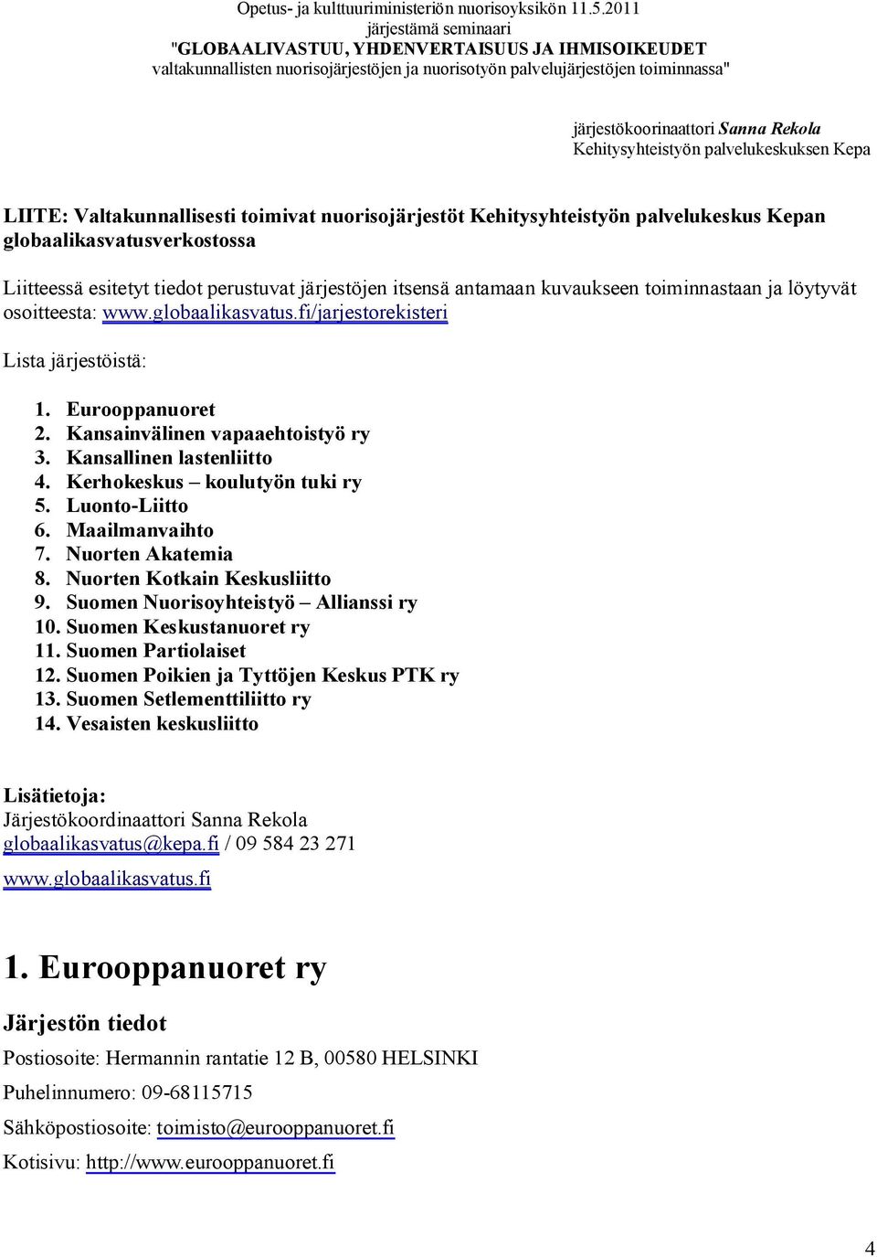 Kerhokeskus koulutyön tuki ry 5. Luonto-Liitto 6. Maailmanvaihto 7. Nuorten Akatemia 8. Nuorten Kotkain Keskusliitto 9. Suomen Nuorisoyhteistyö Allianssi ry 10. Suomen Keskustanuoret ry 11.