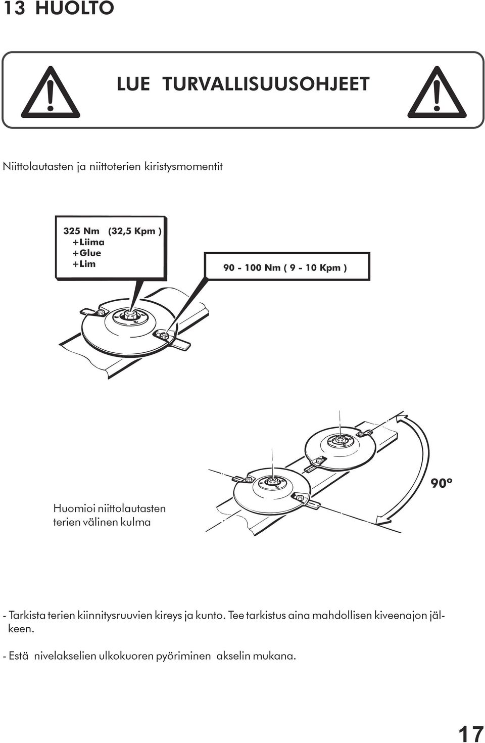 välinen kulma - Tarkista terien kiinnitysruuvien kireys ja kunto.