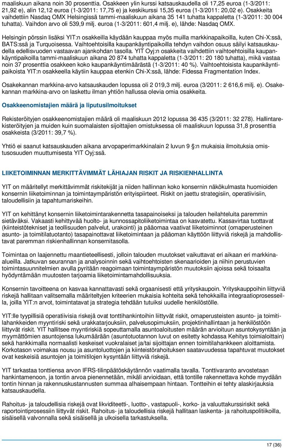 e), lähde: Nasdaq OMX. Helsingin pörssin lisäksi YIT:n osakkeilla käydään kauppaa myös muilla markkinapaikoilla, kuten Chi-X:ssä, BATS:ssä ja Turquoisessa.