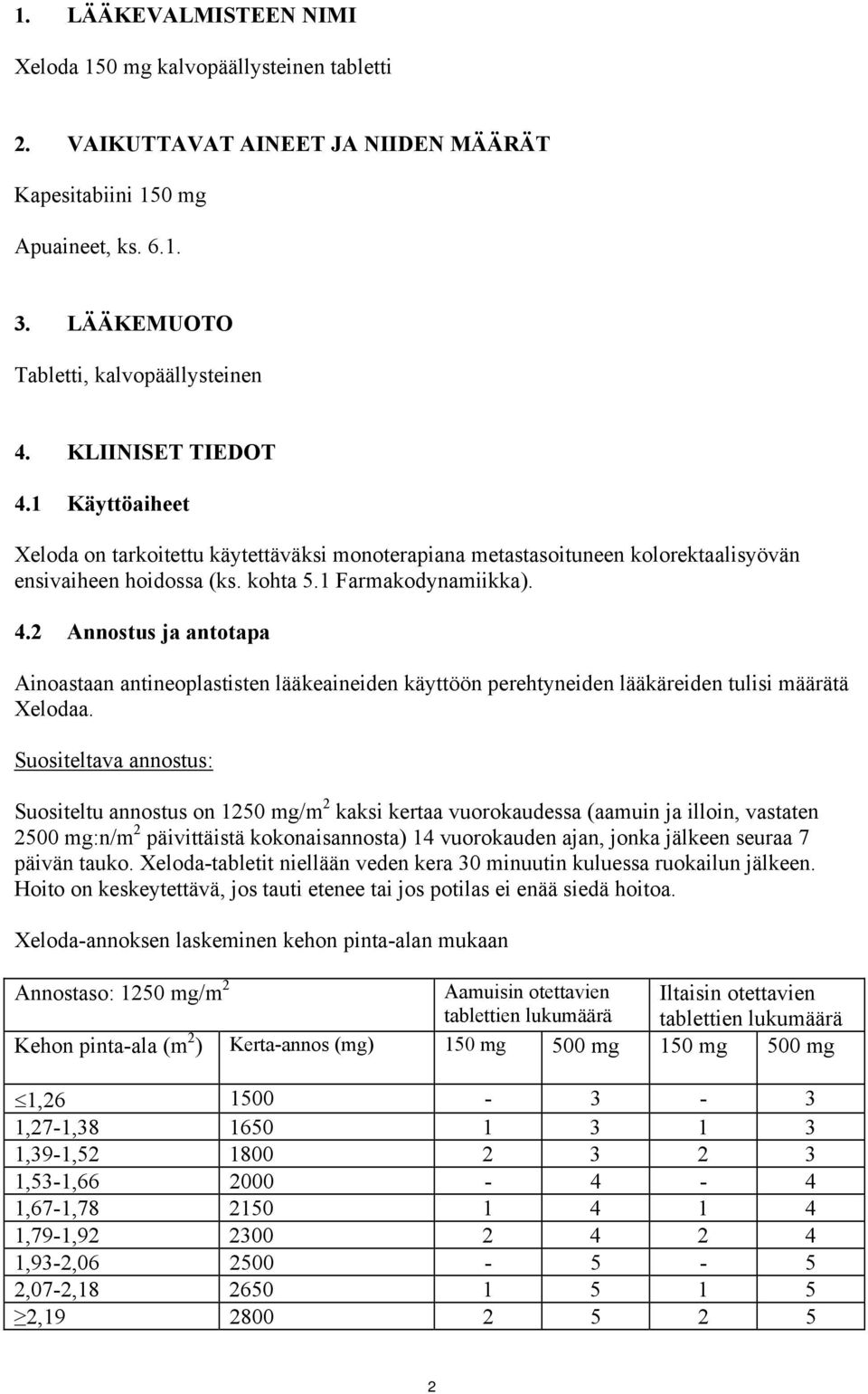 Suositeltava annostus: Suositeltu annostus on 1250 mg/m 2 kaksi kertaa vuorokaudessa (aamuin ja illoin, vastaten 2500 mg:n/m 2 päivittäistä kokonaisannosta) 14 vuorokauden ajan, jonka jälkeen seuraa
