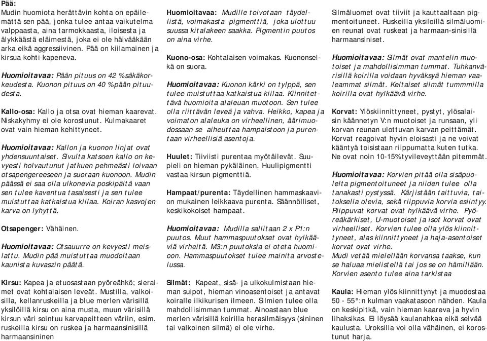 Niskakyhmy ei ole korostunut. Kulmakaaret ovat vain hieman kehittyneet. Huomioitavaa: Kallon ja kuonon linjat ovat yhdensuuntaiset.