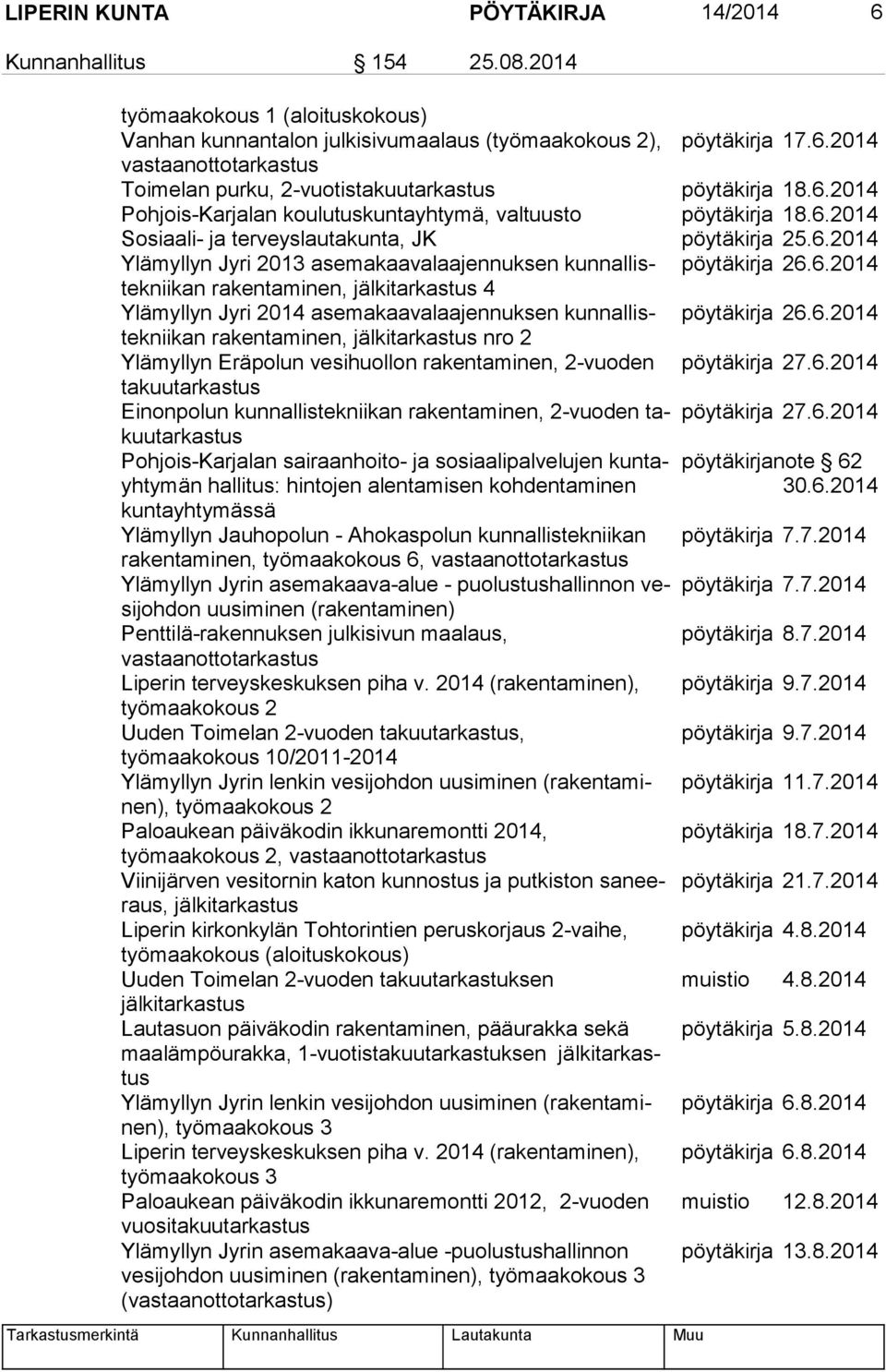 6.2014 nii kan rakentaminen, jälkitarkastus 4 Ylämyllyn Jyri 2014 asemakaavalaajennuksen kun nal listek pöytäkirja 26.6.2014 nii kan rakentaminen, jälkitarkastus nro 2 Ylämyllyn Eräpolun vesihuollon rakentaminen, 2-vuoden pöytäkirja 27.