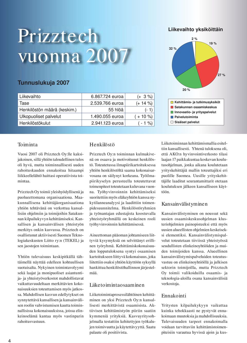 123 euroa ( - 1 %) Kehittämis- ja tutkimusyksiköt Satakunnan osaamiskeskus Innovaatio- ja yrityspalvelut Palvelutoiminta Sisäiset palvelut Toiminta Vuosi 2007 oli Prizztech Oy:lle kaksijakoinen,