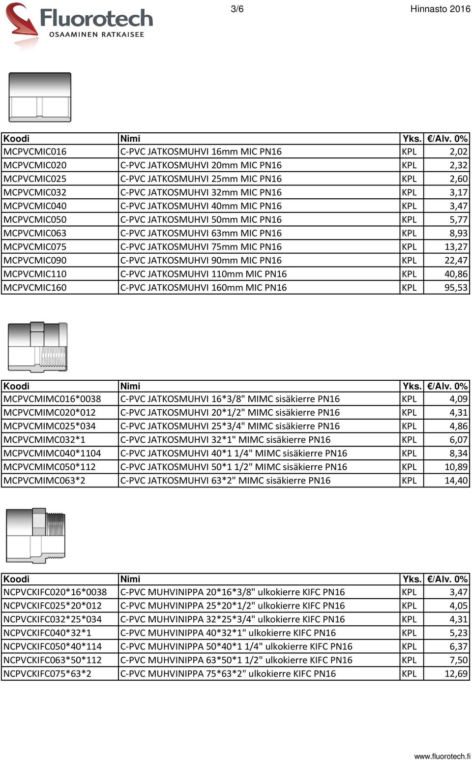 MCPVCMIC075 C-PVC JATKOSMUHVI 75mm MIC PN16 KPL 13,27 MCPVCMIC090 C-PVC JATKOSMUHVI 90mm MIC PN16 KPL 22,47 MCPVCMIC110 C-PVC JATKOSMUHVI 110mm MIC PN16 KPL 40,86 MCPVCMIC160 C-PVC JATKOSMUHVI 160mm