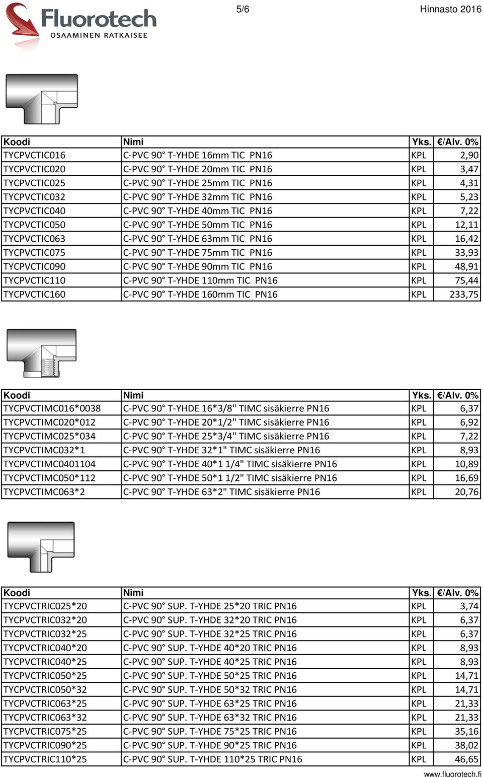 TYCPVCTIC075 C-PVC 90 T-YHDE 75mm TIC PN16 KPL 33,93 TYCPVCTIC090 C-PVC 90 T-YHDE 90mm TIC PN16 KPL 48,91 TYCPVCTIC110 C-PVC 90 T-YHDE 110mm TIC PN16 KPL 75,44 TYCPVCTIC160 C-PVC 90 T-YHDE 160mm TIC