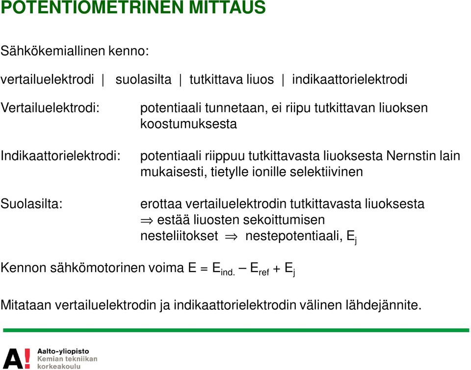 liuoksesta Nernstin lain mukaisesti, tietylle ionille selektiivinen erottaa vertailuelektrodin tutkittavasta liuoksesta estää liuosten