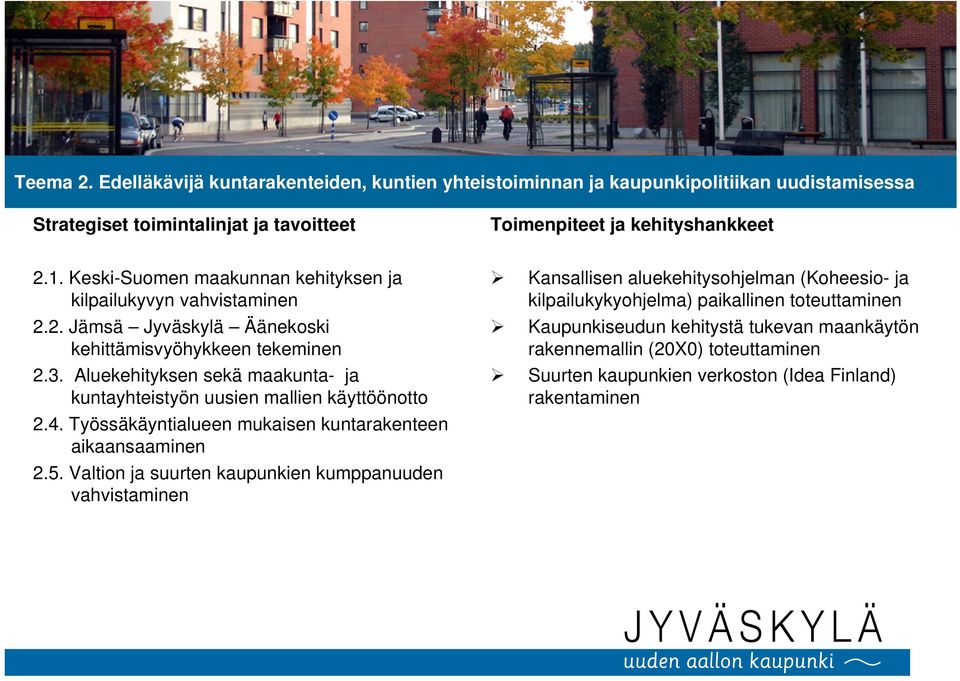 Aluekehityksen sekä maakunta- ja kuntayhteistyön uusien mallien käyttöönotto 2.4. Työssäkäyntialueen mukaisen kuntarakenteen aikaansaaminen 2.5.