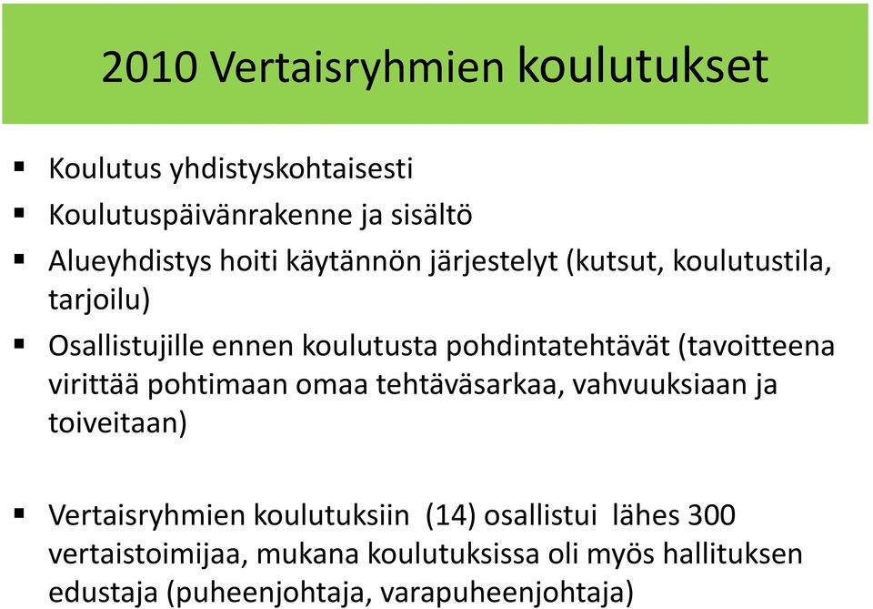 (tavoitteena virittää pohtimaan omaa tehtäväsarkaa, vahvuuksiaan ja toiveitaan) Vertaisryhmien koulutuksiin (14)