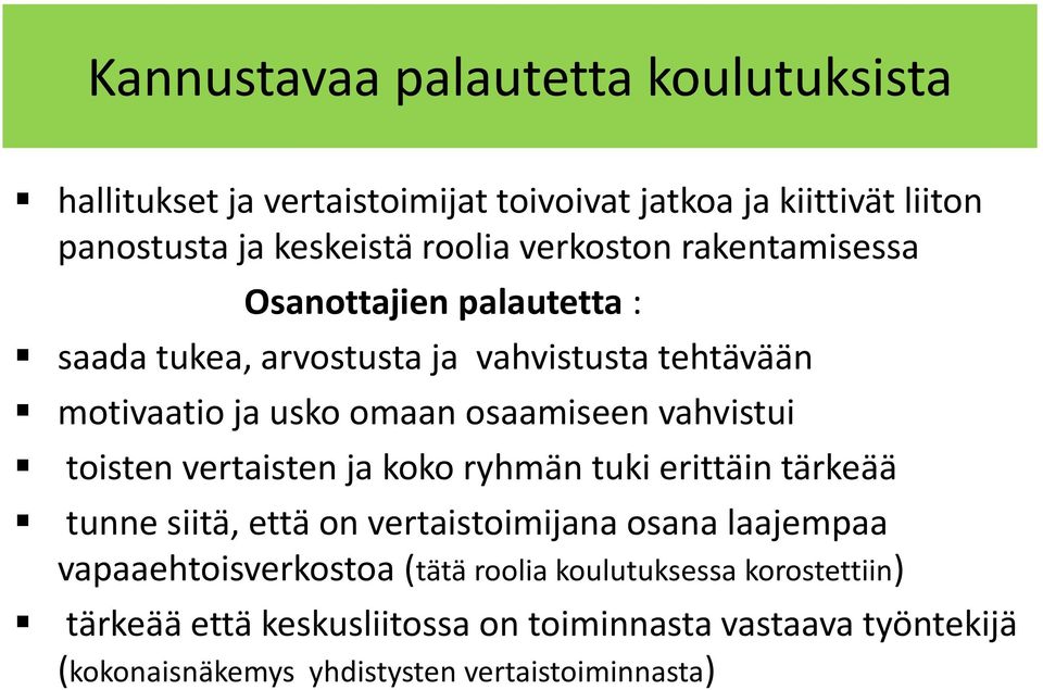 vahvistui toisten vertaisten ja koko ryhmän tuki erittäin tärkeää tunne siitä, että on vertaistoimijana osana laajempaa vapaaehtoisverkostoa