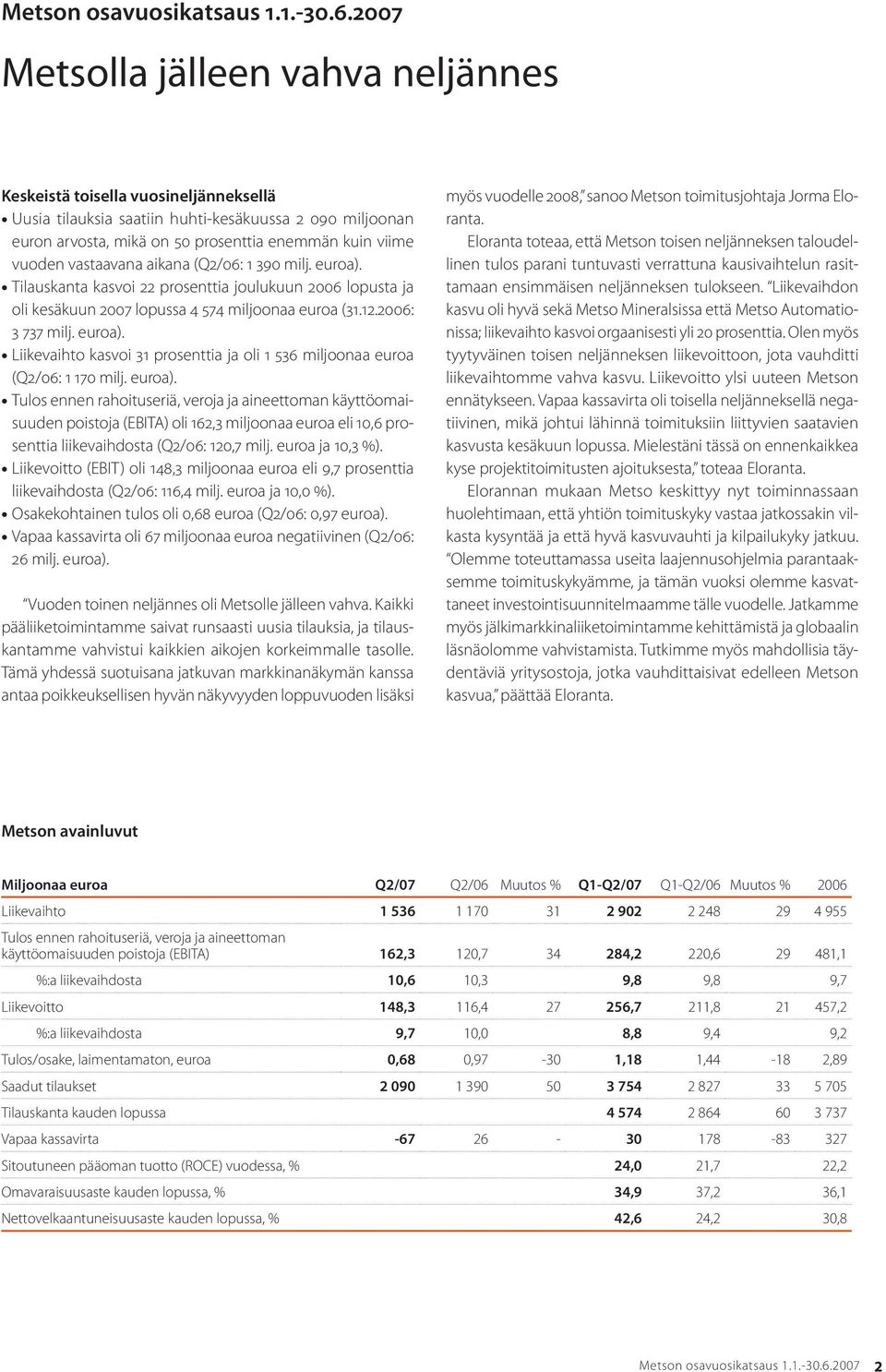vastaavana aikana (Q2/06: 1 390 milj. euroa). Tilauskanta kasvoi 22 prosenttia joulukuun 2006 lopusta ja oli kesäkuun 2007 lopussa 4 574 miljoonaa euroa (31.12.2006: 3 737 milj. euroa). Liikevaihto kasvoi 31 prosenttia ja oli 1 536 miljoonaa euroa (Q2/06: 1 170 milj.