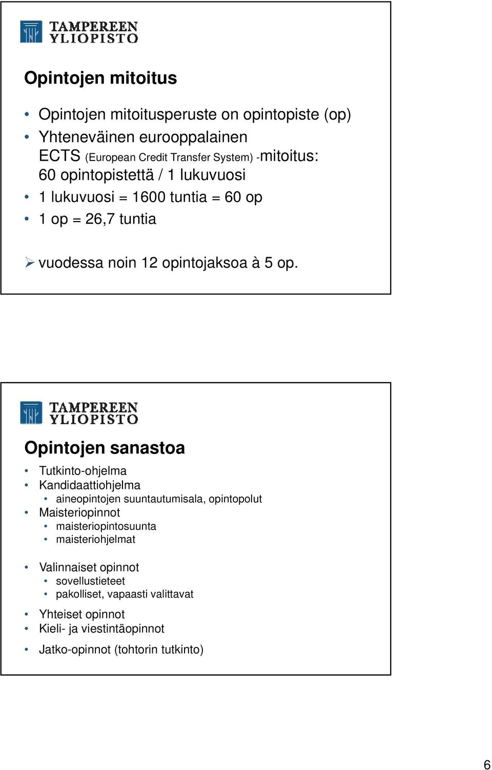 Opintojen sanastoa Tutkinto-ohjelma Kandidaattiohjelma aineopintojen suuntautumisala, opintopolut Maisteriopinnot maisteriopintosuunta